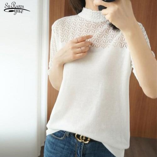 Summer Cotton Knitted Short Sleeve Women T-shirts Female Hollow Out Turtleneck T-shirts Pullover Ladies Tops Clothing 13774
