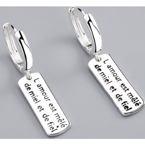 Vintage Rectangular English Letter Alphabet Long Hoop Earrings For Women 925 Sterling Silver Simple Trendy Jewelry Accessories