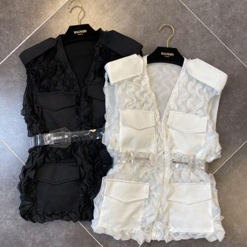 Women Vest Coat 2020 Spring and Summer New Style V-neck Sleeveless Mesh Ruffles Pocket Transparent Waistband Waistcoat Tops