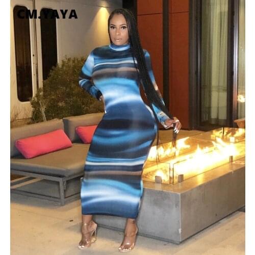CM.YAYA Women Autumn Tie Dye Striped Print Bodycon Midi Maxi Dress Long Sleeve Pencil Bandage Sexy Night Club Party Long Dresses