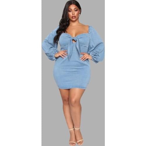 Plus Size Clothing for Women Sweet Mini Dress Sexy Backless V Neck Long Lantern Sleeve Denim Dress Wholesale Dropshipping