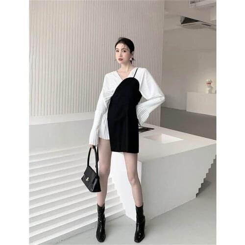 White Dress Women Spring Summer Long Sleeve V-Neck Pleated Dress Black Tie-Up Camisole Design Sense Fashion Lady Two-Piece Suit