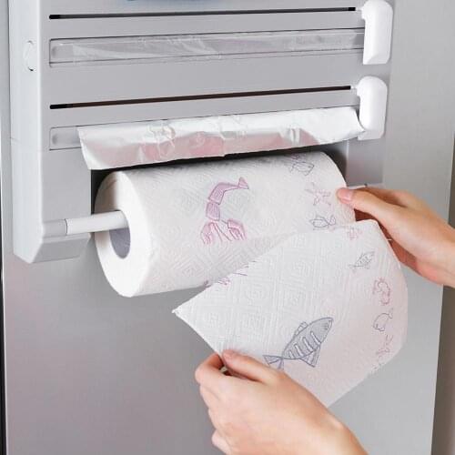 6 in 1 Kitchen Towel Paper Storage Holder Aluminum Film Cutter Wraptastic Dispenser Cutting Foil Cling Wrap Shelf Wall Hang Rack