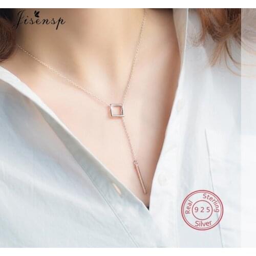 925 Sterling Silver Circle Strip Long Chain Pendant Necklace Fashion Geometric Square with Bar Necklaces Women Choker Gift
