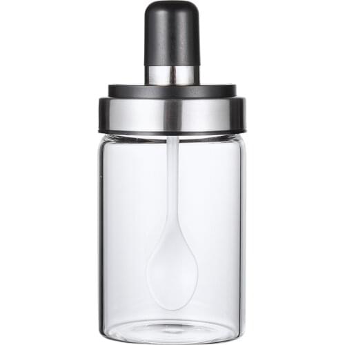 Condiment Jars with Spoons Seasoning Storage Container for Spice Salt Sugar Cruet, Transparent Glass Seasoning Box, 250ml