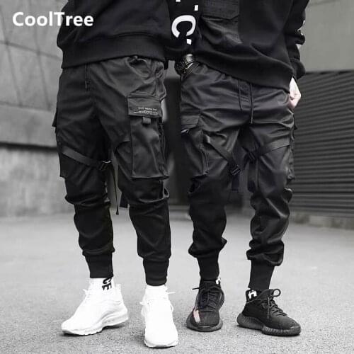 CoolTree Men Black Pants Spring Autumn Ribbons Multi-pocket Joggers Trousers Male Harajuku Hip Hop Loose Harem Pants Streetwear