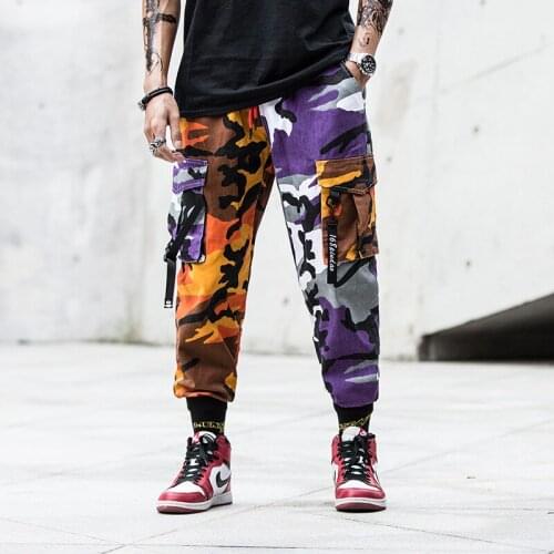 Streetwear Harem Jogger Pants Men Camouflage Side-Pocket Ribbons Mens Joggers Cotton Ankle-length Cargo Pans Man