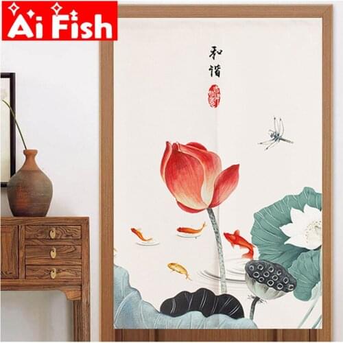 1PCS Rod Pocket Ink Lotus Painting Chinese Style Kitchen Curtains Decorative Door Curtains Home Bedroom Window Curtains HM019#5