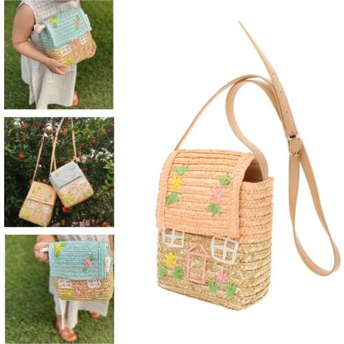 Children Girls Woven Straw Shoulder Bag Flower Straw Summer Beach Tote Handbag Home Decor Photo Props