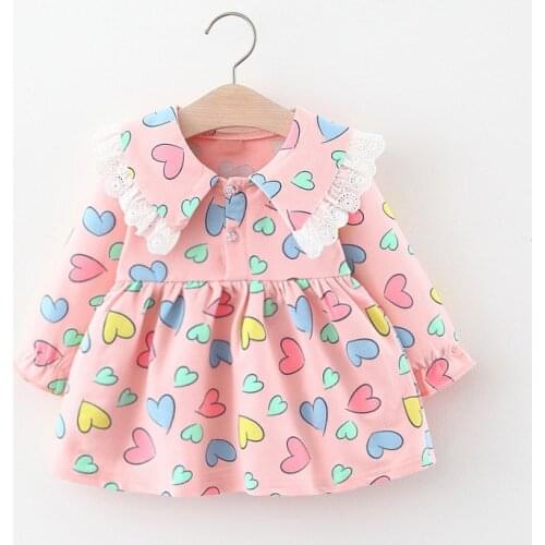 Children Autumn Baby Girls Sweet Heart Printing Long Sleeve Princess Dress Lace Lapel Cute Dress Kids