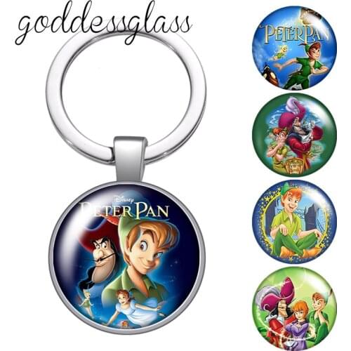 Disney Cartoon Peter Pan Adventure glass cabochon keychain Bag Car key chain Ring Holder Charms keychains gift