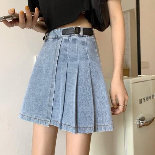 Denim skirt women irregular pleated skirt 2021 new spring high waist thin a-line skirt Jeans Harajuku plus size cotton