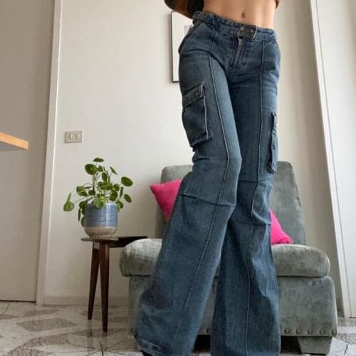 Streetwear Vintage Elegant Y2K 90s Jeans Women Autumn Casual Pockets Blue Denim Trousers Fashion Grunge Straight Pants Capris