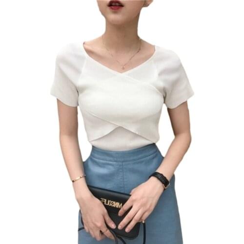 T-shirts Patchwork Design White Off Shoulder Top Knitting Women Tops for Teens V Neck Slim Tees Fashion Girls Shirt Blue