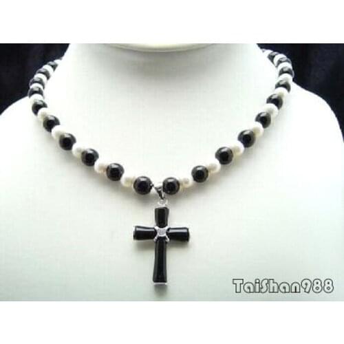 Hot sale Free Shipping>>>>>Genuine White Pearl Black stone 18KWGP Crystal Cross Pendant Necklace