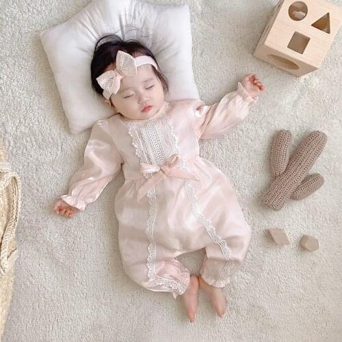 2Pcs Baby Bodysuit Toddler Girls 1st Birthday Party Romper Infant Jumpsuit Newborn Bow Lace Rompers + Hairband Long Sleeve