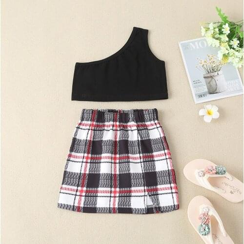 Girls Summer Skirt suits Childrens clothing Girls Sloping Shoulder Tops Plaid Skirt Suits Baby Summer Fashion Suits