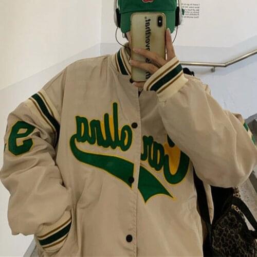 Women Embroidery Letter Print Bomber Jacket 2021 Autumn Female High Street Loose Coat Korean Button Harajuku Baseball Uniforms