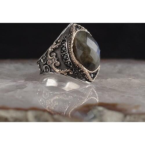 Labradorite Gemstone Crescent 925 Sterling Silver Men 'S Ring