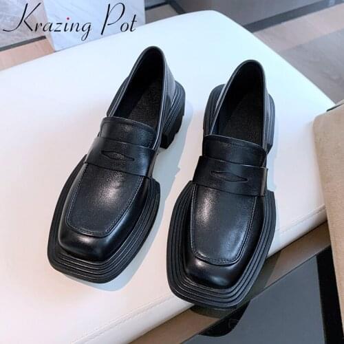 Krazing Pot 2021 genuine leather platform high heels square toe spring shoes slip on loafers classics vintage dress women pumps