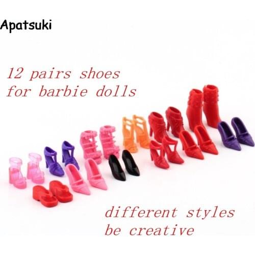 12Pairs/lot Fashion Dolls Shoes High Heels Sandals Boots Slippers For Barbie Dolls Outfit Dress Toy Doll Accessories