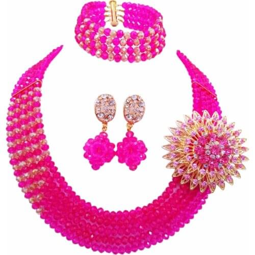Fashion Fuchsia Pink Gold Multi Strands Statement Necklace Nigerian Wedding African Beads Jewelry Set Crystal 5JZ06
