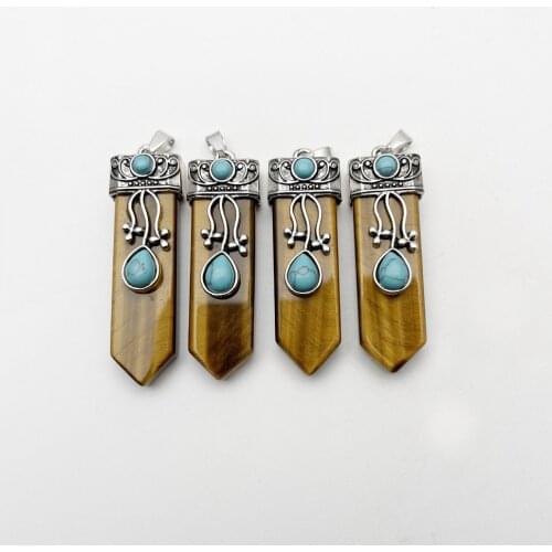 Fashion Reiki natural Tigereye Stone Sword Pendants Pendulums Necklace for necklace Jewelry making Charm accessories 6pcs