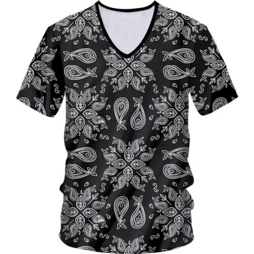 Mens V-neck T Shirt EU Size Black Paisley Bandana Pattern Casual 3D Printed Casual Short Sleeve Shirt Summer Harajuku Clothes