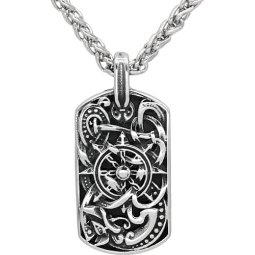 Men stainless steel viking odins wolf amulet compass dog tag pendant necklace with viking figt bag
