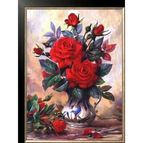 For Embroidery The Red Rose Flowers Needlework 14CT Counted White Canvas Unprinted DIY Cross Stitch Kits Handmade Arts Decor