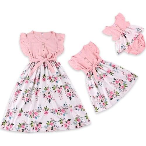 2021 New Style Flower Dress Family Matching Clothing Summer Fashion Mother Daughter Dresses Kids Pure Cotton Clothing