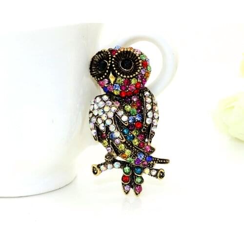 OneckOha Rhinestone Owl Brooches Vintage Zinc Alloy Animal Pin Retro Jewelry Garment Accessories
