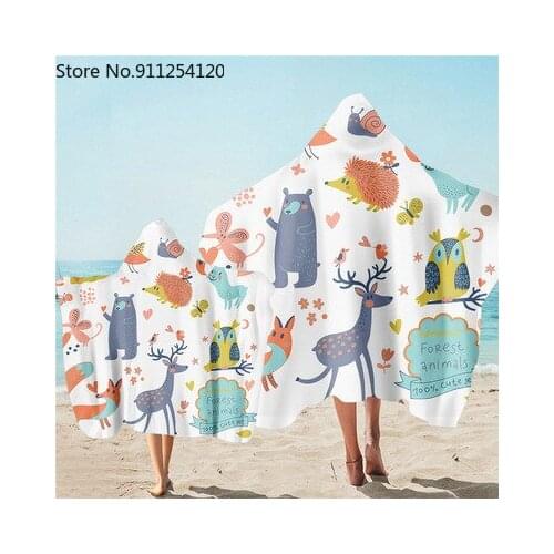 Cartoon Animal Print Microfiber Hooded Beach Poncho Towel Quick Drying Wearable Bath Towels With Cape For Parent-kids Bathrobe