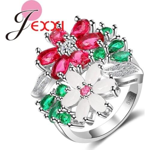 Luxury Flower Shape Mixed Color 925 Sterling Silver Crystal Party Rings For Women Girls Gift Oval Cubic Zirconia Anillos