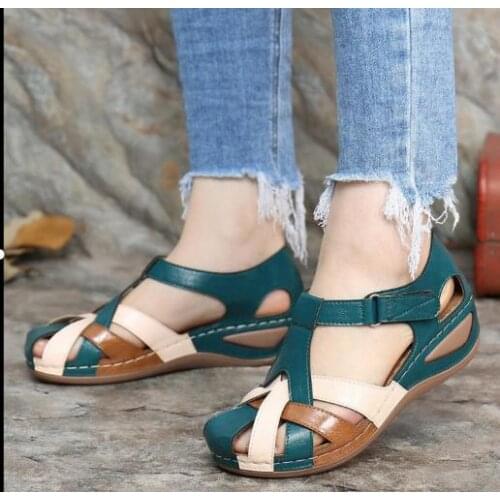 Leather Gladiator Sandals Women Summer Fashion Casual Retro Hollow Out Wedge Sandals Trend Cool Mixed Color Plus Size Sandals 43