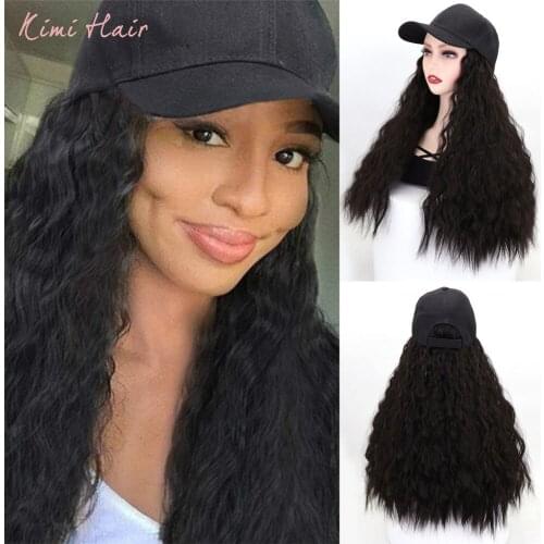 Kimi Hair Long Water Wavy Hair Synthetic Baseball Cap Wig Natural Black Connect Synthetic Hat Wig Adjustable