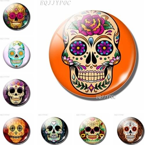 Sugar Skull Refrigerator Magnet Glass Convex Round Refrigerator Sticker Folk Art Skull Refrigerator Fridge Magnet HomeDecoration