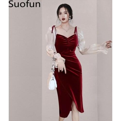 Suofun V-Neck Red Long Puff Sleeve Sheath Elegant Lady French Vintage Hepburn Camisole The Party Folds Women Spring Dress