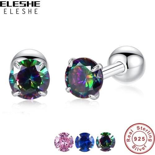 ELESHE 925 Sterling Silver Earings for Women Mystic Fire Rainbow Multicolor Round Cubic Zirconia Stud Earrings Silver Jewelry