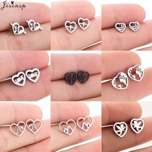 Jisensp Romantic Hollow Heart Stainless Steel Earrings Heartbeat Stud Earrings Fashion Jewelry for Women Girls Valentine Gift