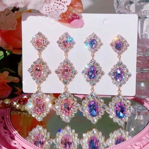 MENGJIQIAO Korean Elegant Luxury Oval Colorful Crystal Drop Earrings For Women Girls Fashion Party Boucle D'oreilles Jewelry