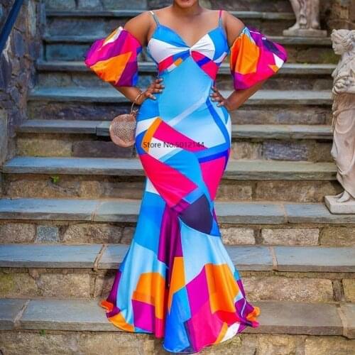 Colorful geometry women long mermaid drss african sexy party puff sleeve trumpet dresses robe femme vestiods maxi dress