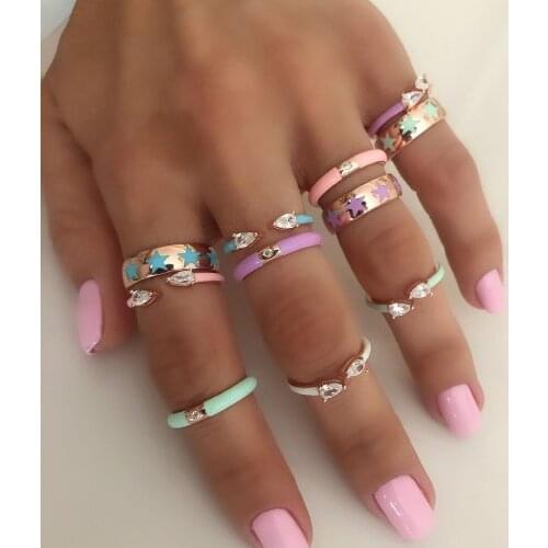 2021 Summer Pastel Enamel Colorful Jewelry White Tear Drop Cubic Zirconia Open Adjusted Finger Ring For Girl Women