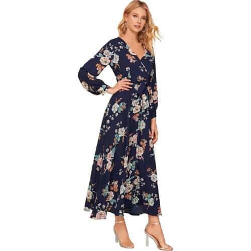 Women Dress Autumn 2021 Full Sleeve Chiffon Sexy V-Neck With Belt Beach Style Casual Chic Long Female Vestido Party Robe C2853