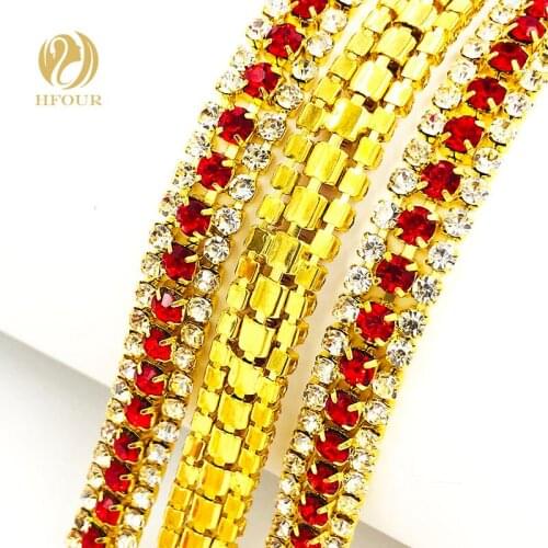 1yard/bag superior quality Crystal glass White-Red-White Gold bottom three rows Rhinestone Chain DIY Garment/shoes/accessories