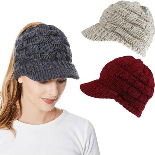 2020 Winter Women Knitted Cap Ponytail Hat Wool Winter Hat Visor Cold Weather Knitted Special Ponytail Design Baseball Cap Hat