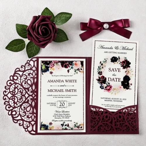 50PCS Wedding Invitations Burgundy Color Laser Cut Hollow Invitations Pockets for Wedding, Quinceanera, Party