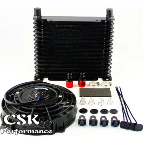8-AN 32mm Aluminum15 Row Engine/Transmission Racing Oil Cooler +7" Electric Fan w/ Fitting Black