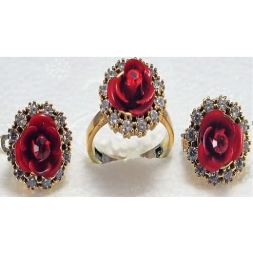 925 Sterling Silver Rose Pattern Ring and Earring Set Fabulous Gift Jewelry Set Red and pink blue