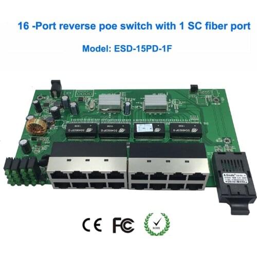 24V POE16-Port Reverse POE Ethernet Switch with 1 SC Fiber Port PCB Board